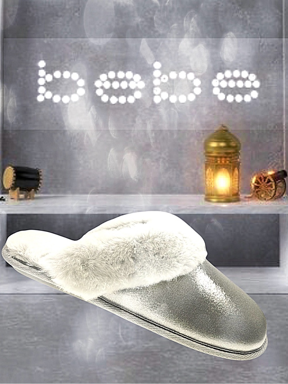 Bebe Metallic Silver Slippers with White Fur
